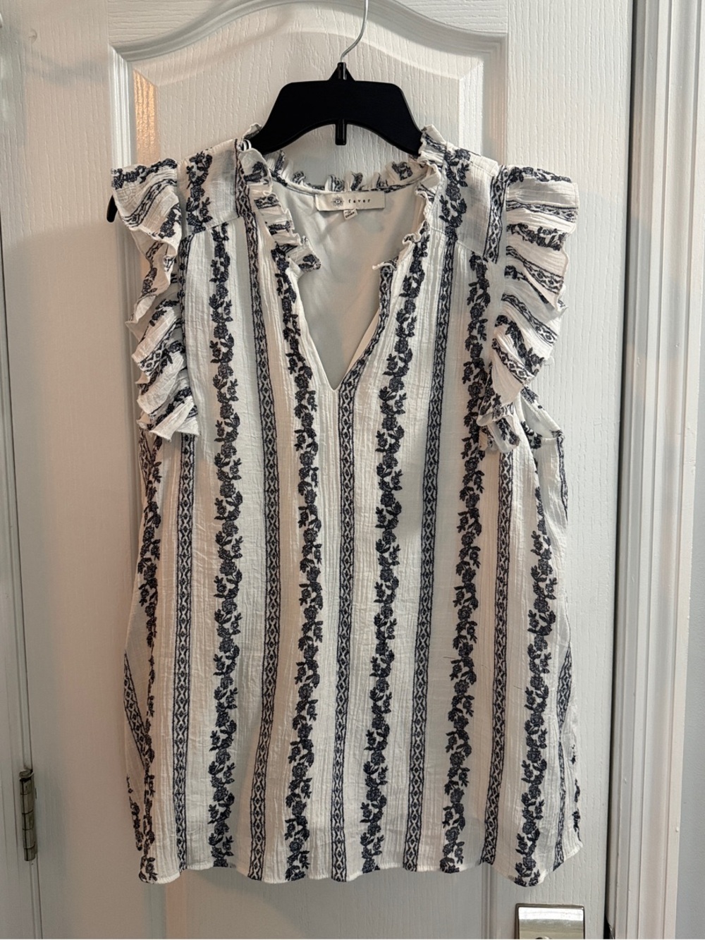 Fever White Sleeveless Striped Floral Ruffle Camisole